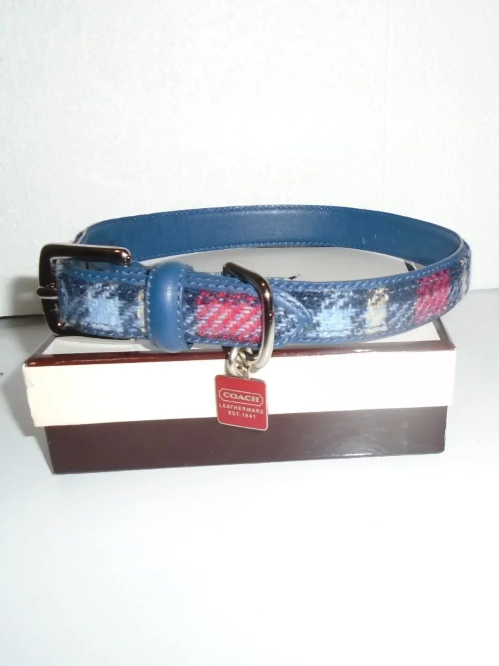 NEW VINTAGE Y2K BLUE LEATHER PLAID WOOL COACH DOG PET COLLAR 8892 SIZE MEDIUM